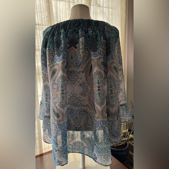 Zac & Rachel Teal Paisley Off-Shoulder Blouse - Picture 2 of 3